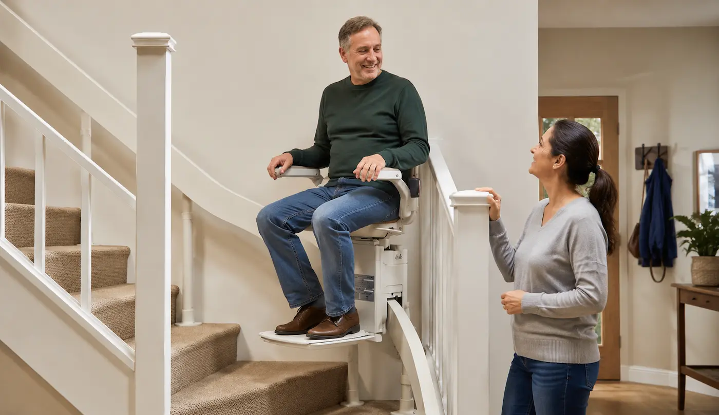 Técnico instalando el raíl de una silla salvaescaleras en los peldaños de una escalera