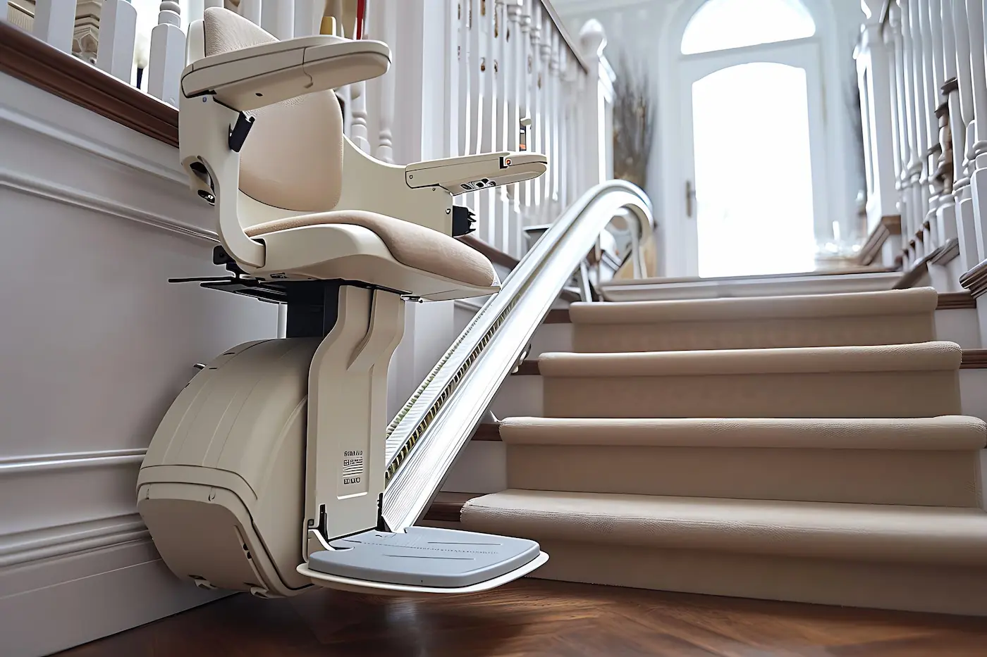 Detalle del acabado y el tapizado de una silla salvaescaleras a medida