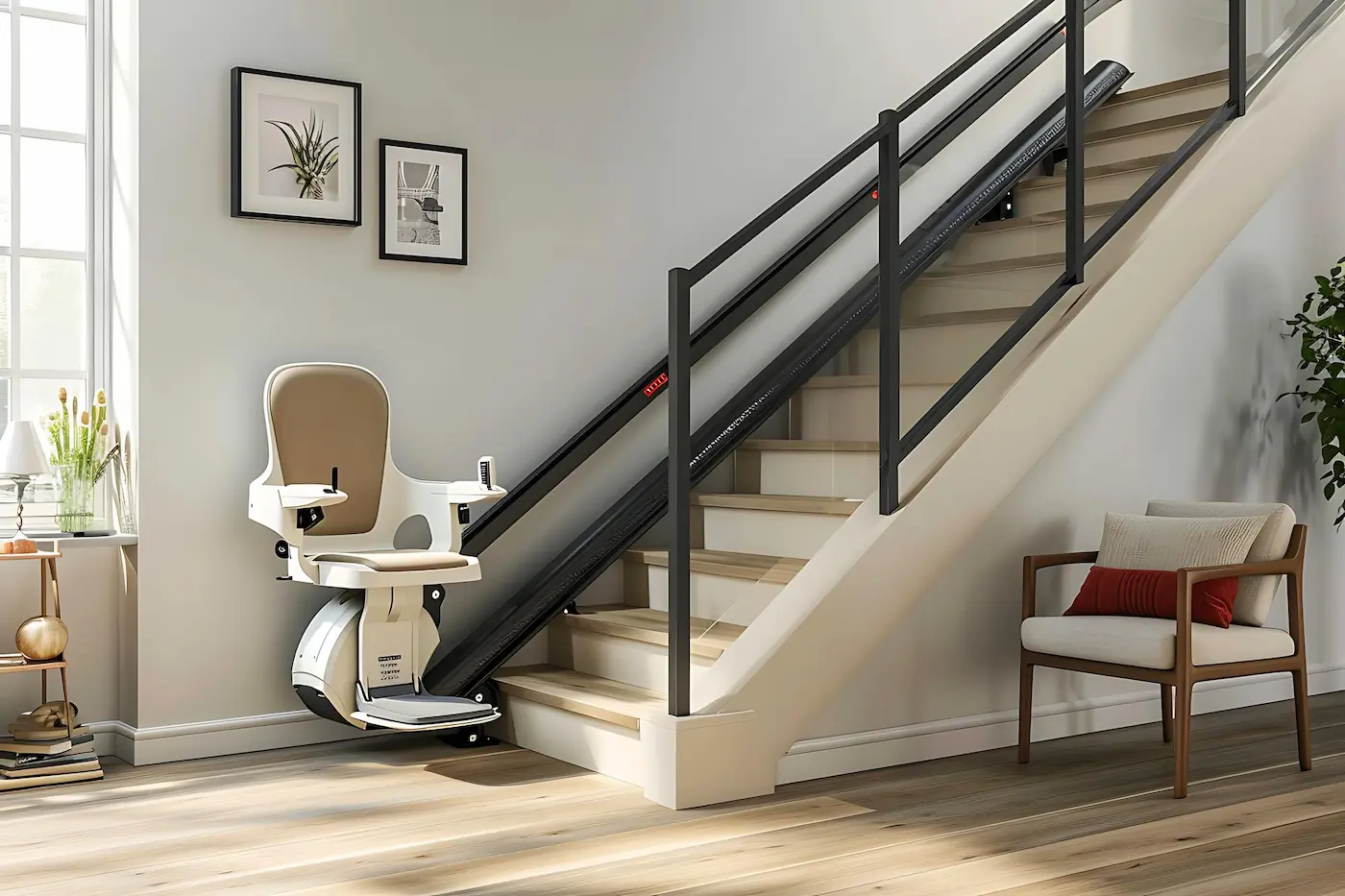 Silla salvaescaleras instalada en la escalera interior de una vivienda de Majadahonda